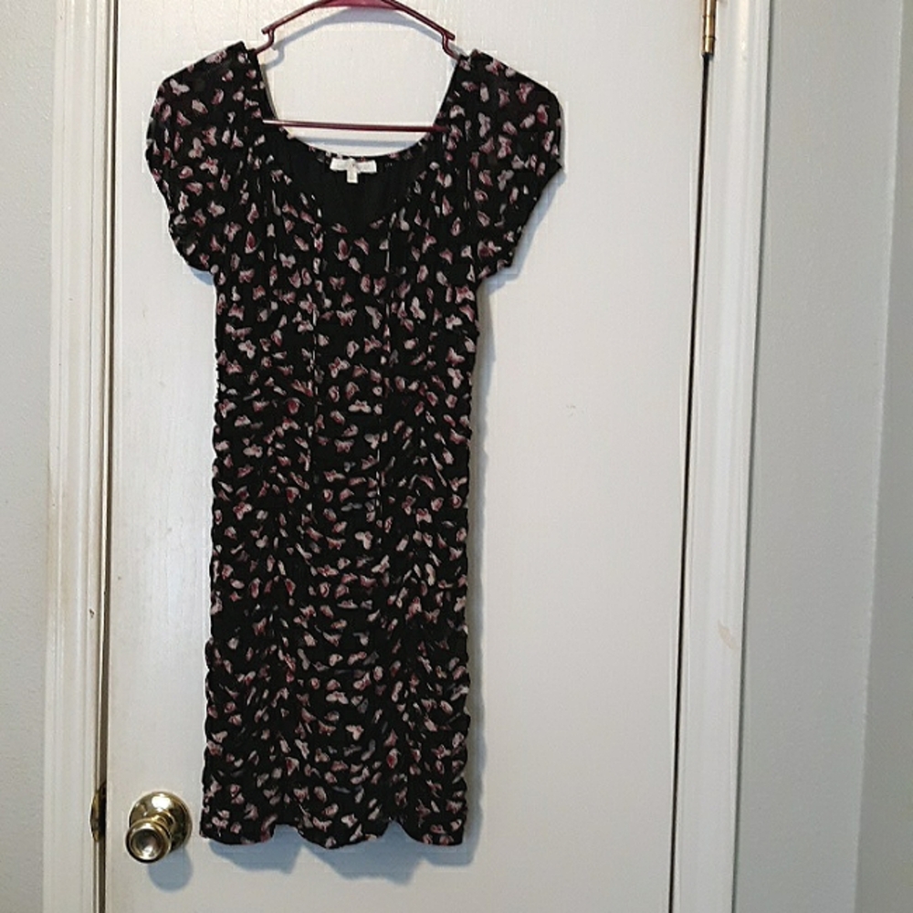 Ultra Flirt Ruched Mini Dress   Butterfly Print Cap Sleeve Black Bodycon sz M